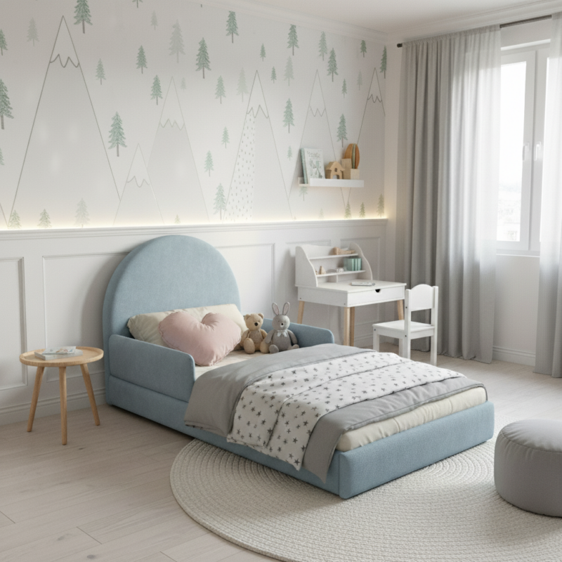 łóżko dziecięce tapicerowane lila wizualizacja