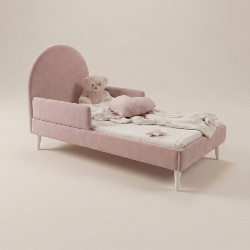 Łóżko dziecięce tapicerowane LILA z barierkami ochronnymi w kolorze różowym