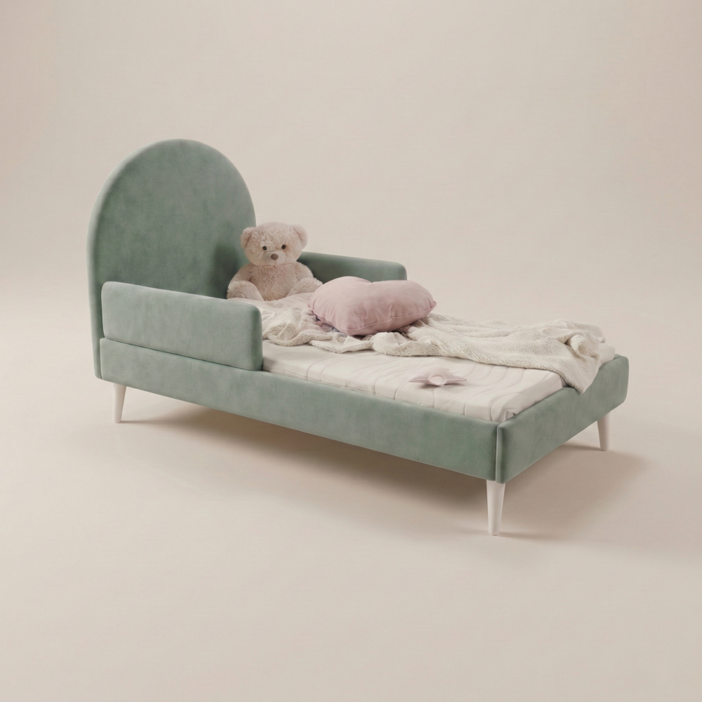 Łóżko dziecięce tapicerowane LILA z barierkami ochronnymi w kolorze zielonym