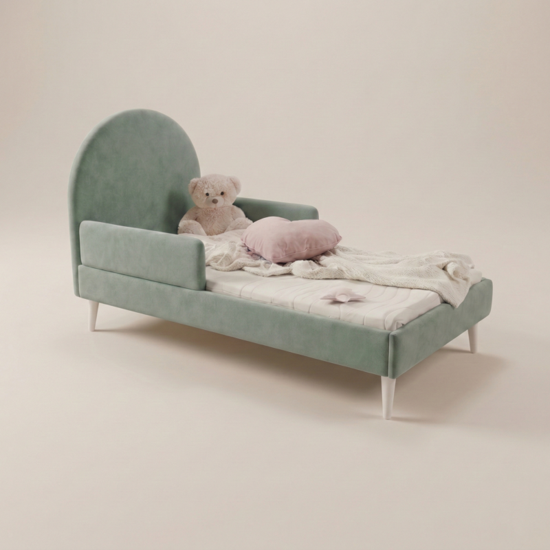 Łóżko dziecięce tapicerowane LILA z barierkami ochronnymi w kolorze zielonym