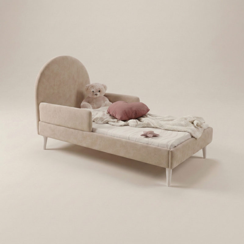 Łóżko dziecięce tapicerowane LILA z barierkami ochronnymi w kolorze beżowym