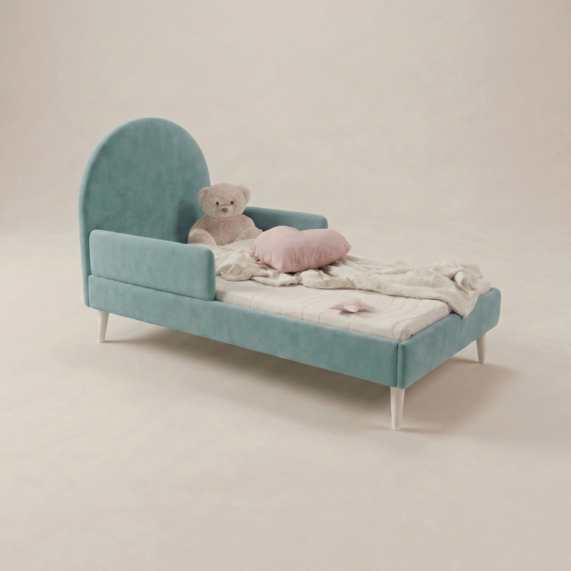 Łóżko dziecięce tapicerowane LILA z barierkami ochronnymi w kolorze turkusowym