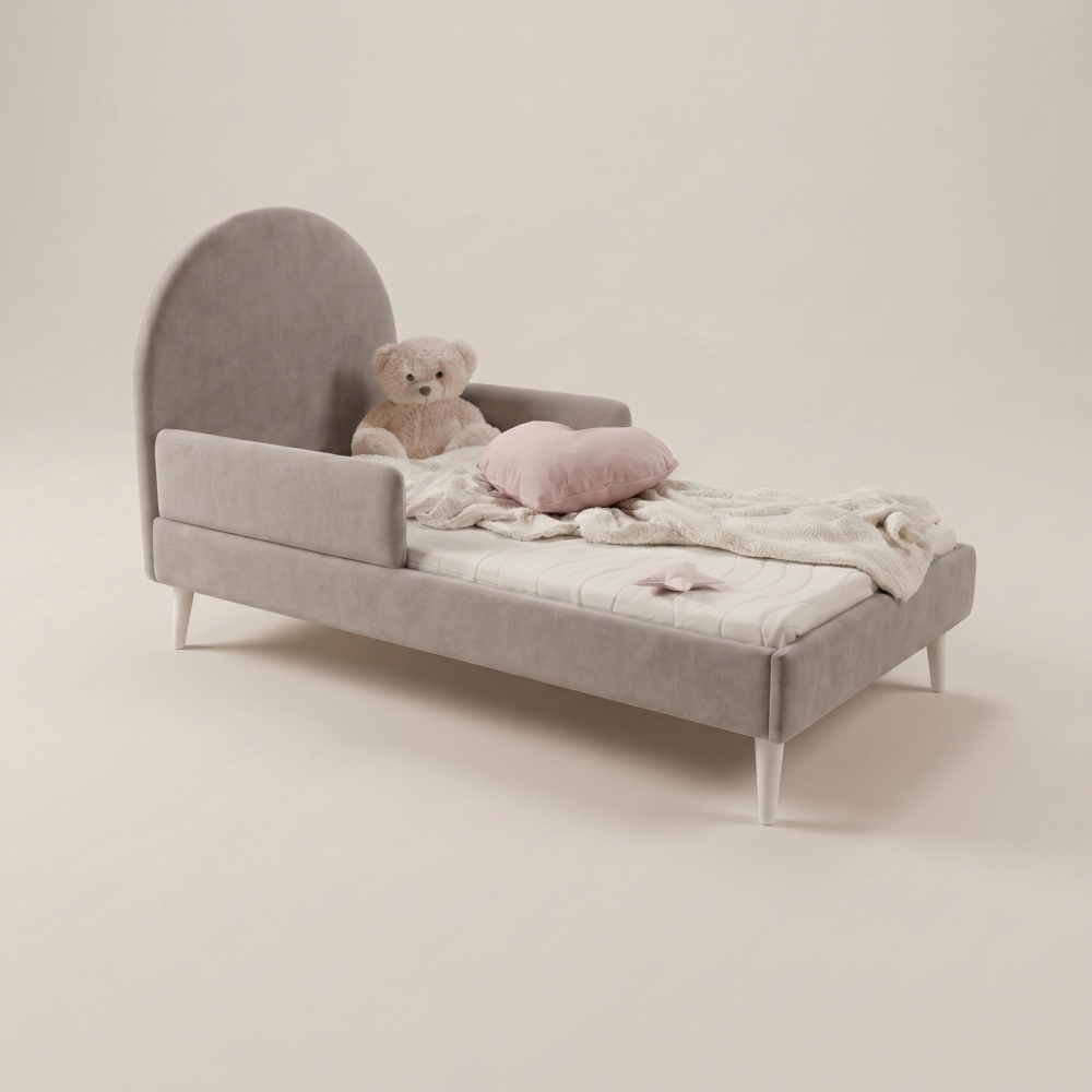 Łóżko dziecięce tapicerowane LILA z barierkami ochronnymi w kolorze jasnoszarym