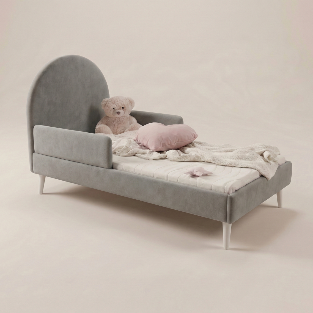 Łóżko dziecięce tapicerowane LILA z barierkami ochronnymi w kolorze ciemnoszarym