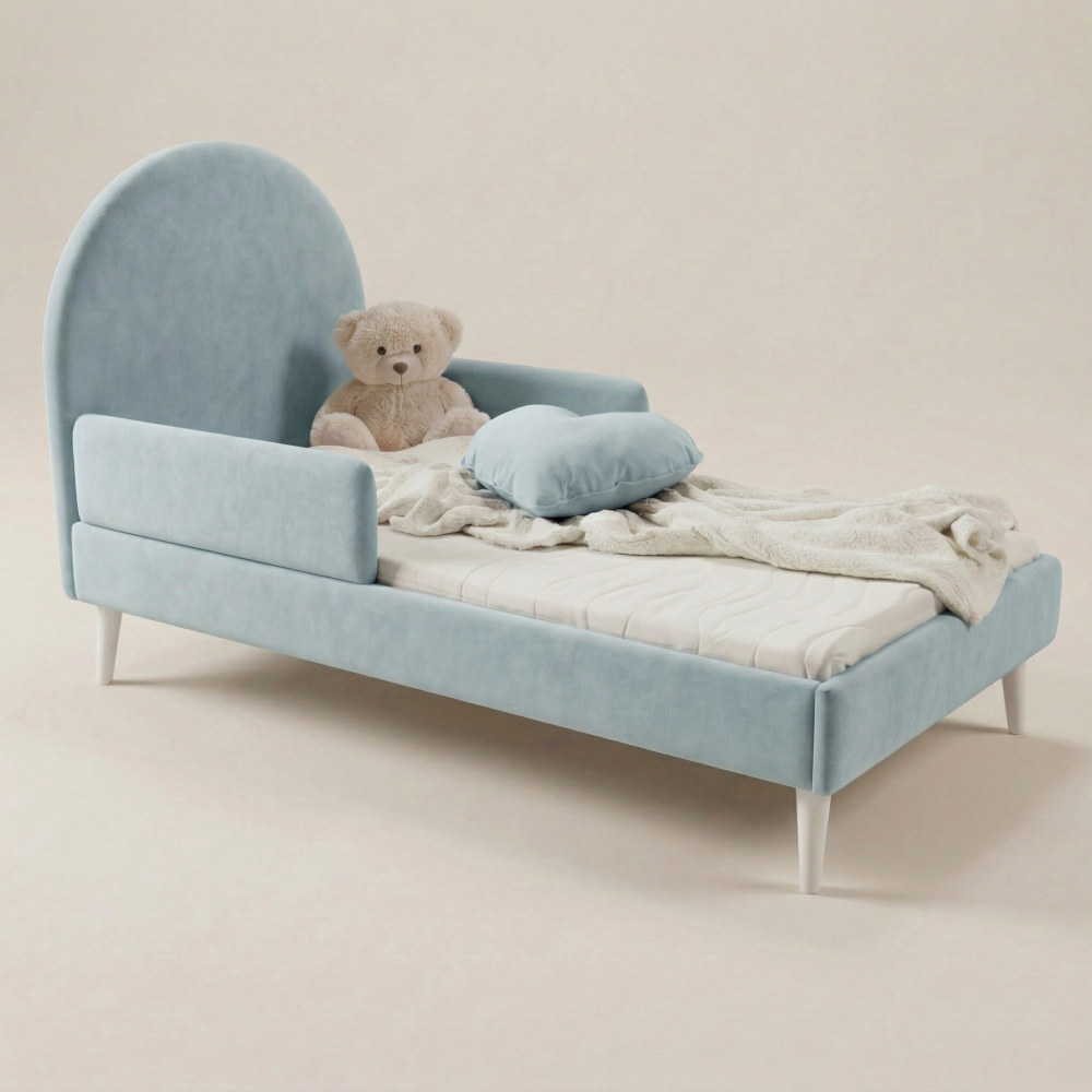 Łóżko dziecięce tapicerowane LILA z barierkami ochronnymi w kolorze błękitnym