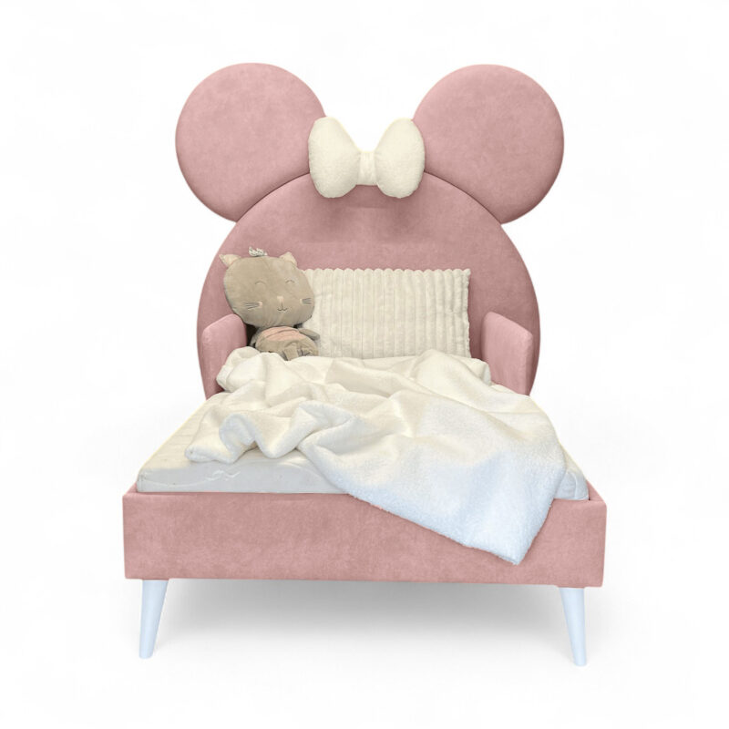 Różowe łóżko dziecięce tapicerowane MINI z zagłówkiem w kształcie uszu Myszki i białą kokardą