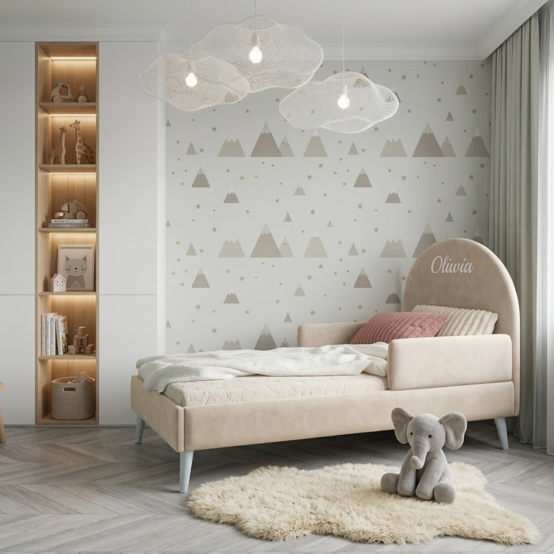 łóżko dziecięce tapicerowane z haftem wizualizacja