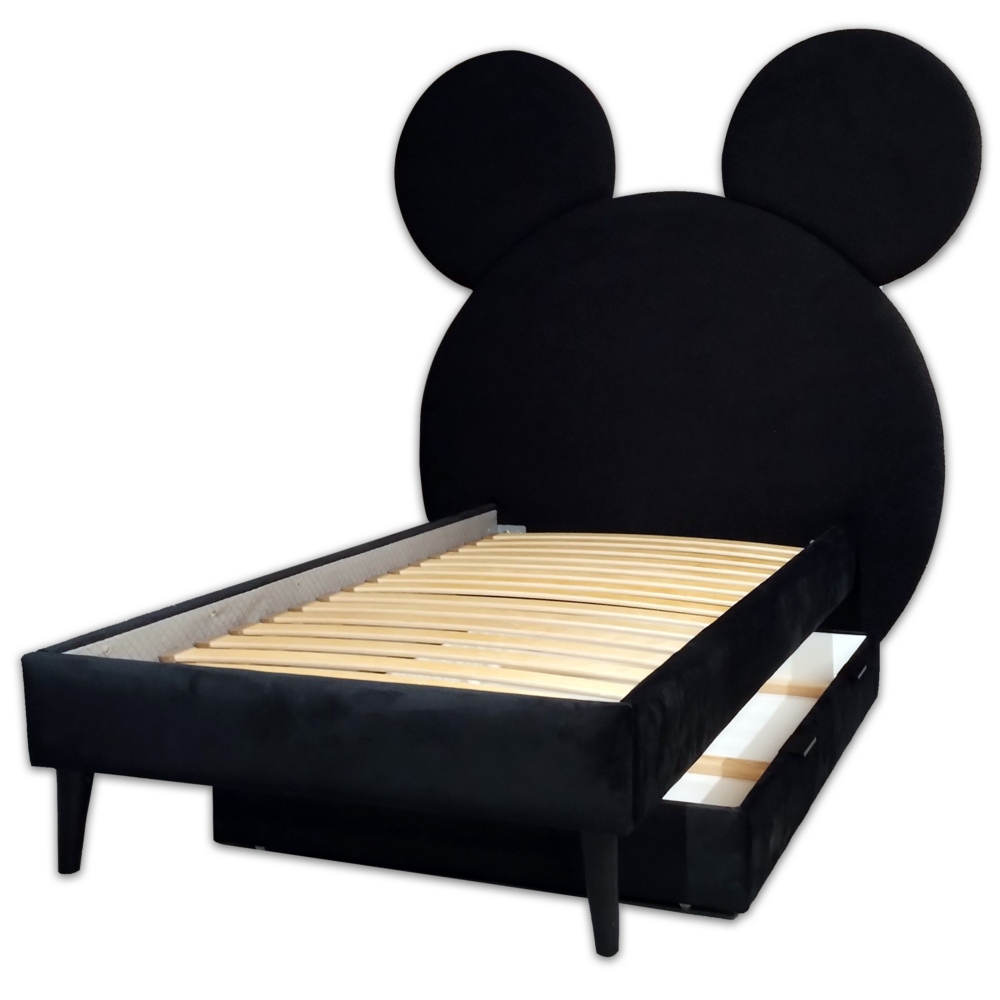 Czarne łóżko dziecięce Miki z pojemnymi szufladami na pościel.