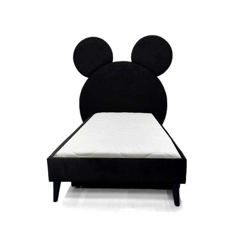 Czarne łóżko dziecięce Miki z zagłówkiem w kształcie uszek.