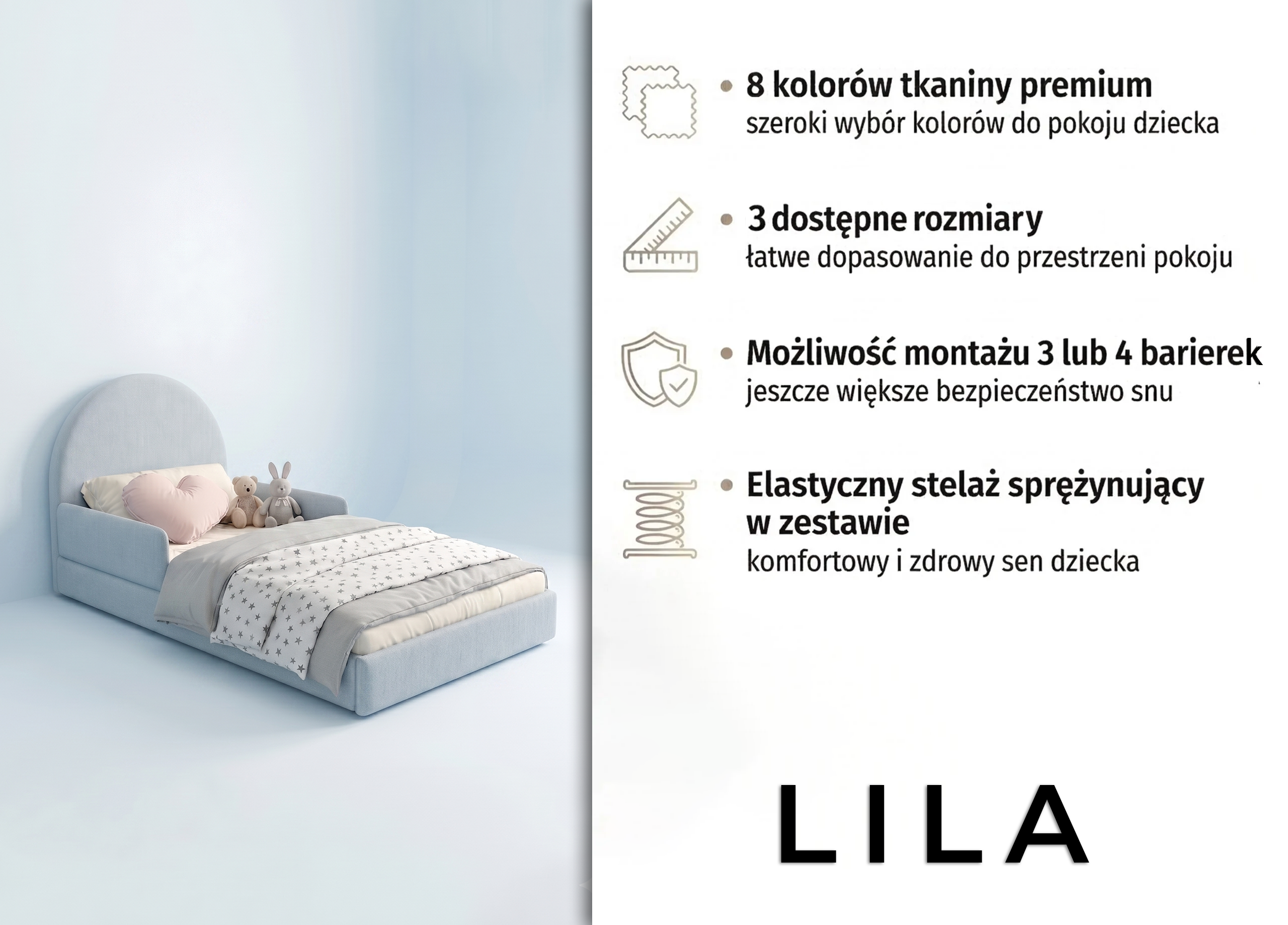 Niskie łóżko dziecięce tapicerowane LILA