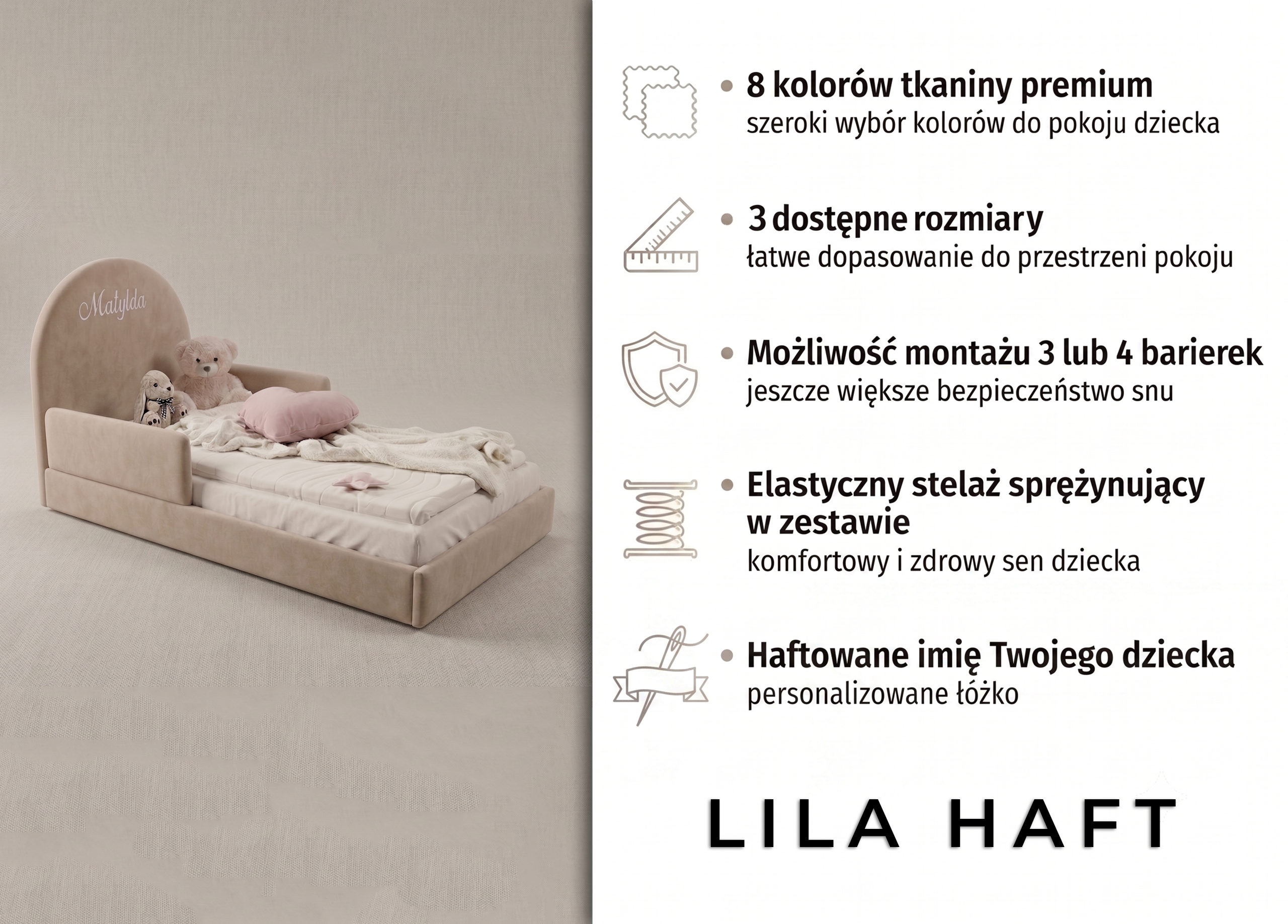 Łóżko dziecięce LILA na niskich nóżkach z haftowanym imieniem