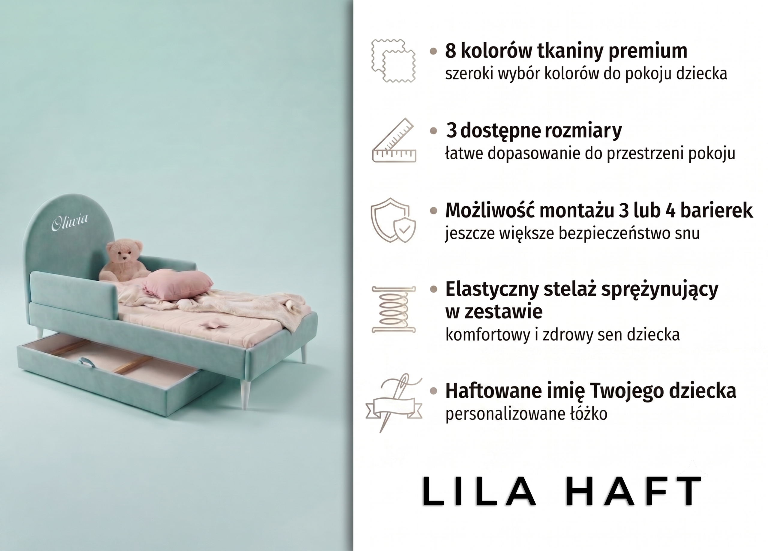 Łóżko dla dziecka z haftowanym imieniem