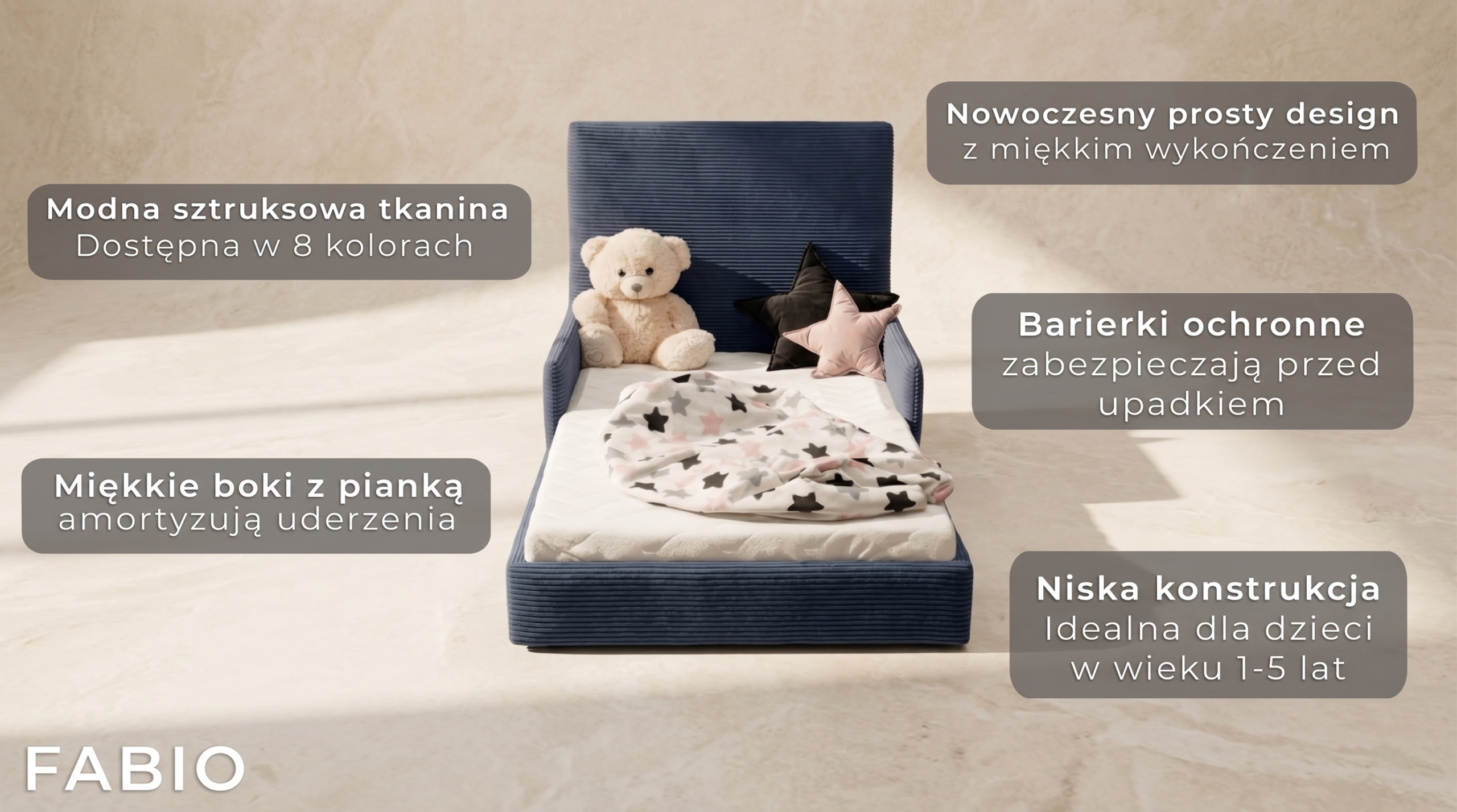 Miękkie wykończenie i konstrukcja łóżka FABIO